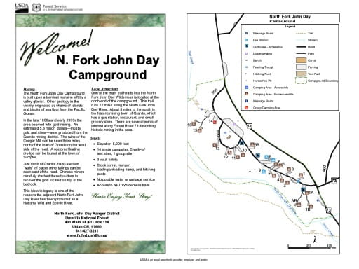 Map of North Fork John Day Campground in Umtallia National Forest (NF) in Oregon. Published by the U.S. Forest Service (USFS).
