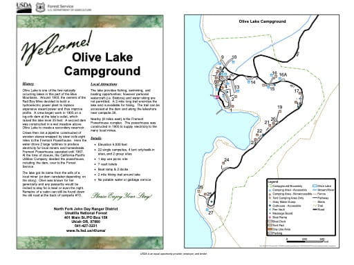 Map of Olive Lake Campground in Umtallia National Forest (NF) in Oregon. Published by the U.S. Forest Service (USFS).