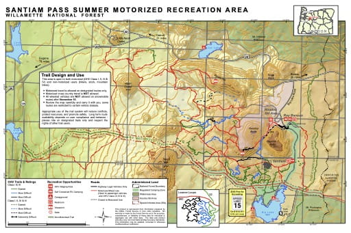 Trails Map of Santiam Pass Summer Motorized Recreation Area in Willamette National Forest (NF) in Oregon. Published by the U.S. Forest Service (USFS).