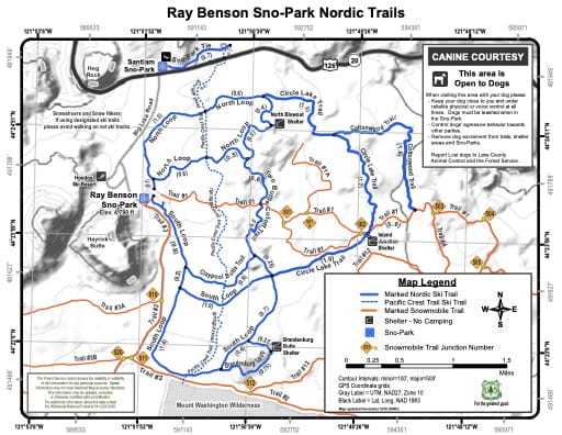Map of Ray Benson Sno-Park Nordic Trails in Willamette National Forest (NF) in Oregon. Published by the U.S. Forest Service (USFS).