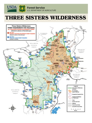 Map showing Permit Requirements for Trailheads in the Three Sisters Wilderness in Oregon. Published by the U.S. Forest Service (USFS).