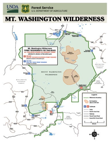 Map showing Permit Requirements for Trailheads in the Mt. Washington Wilderness in Oregon. Published by the U.S. Forest Service (USFS).