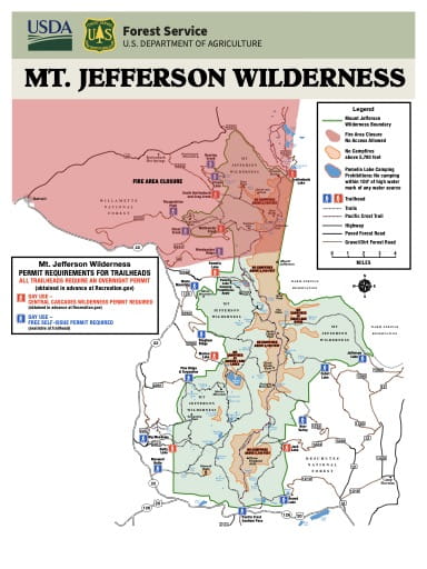 Map showing Permit Requirements for Trailheads in the Mt. Jefferson Wilderness in Oregon. Published by the U.S. Forest Service (USFS).