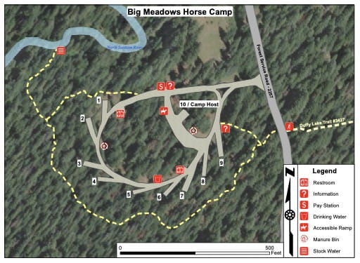 Campground map of Big Meadows Horse Camp in the Willamette National Forest (NF) in Oregon. Published by the U.S. Forest Service (USFS).