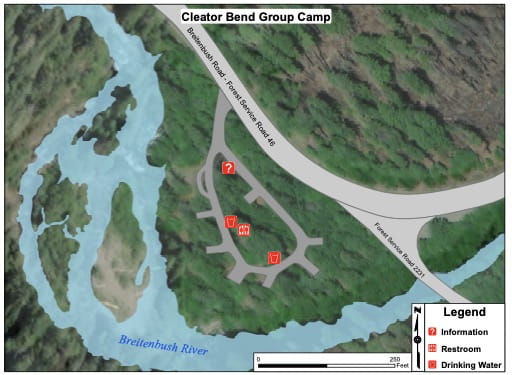 Campground map of Cleator Bend Group Campground in the Willamette National Forest (NF) in Oregon. Published by the U.S. Forest Service (USFS).