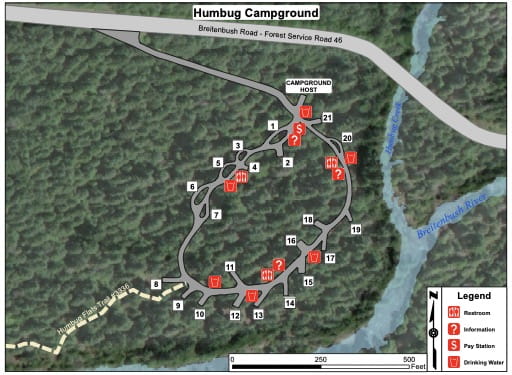 Campground map of Humbug Campground in the Willamette National Forest (NF) in Oregon. Published by the U.S. Forest Service (USFS).