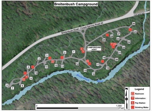 Campground map of Breitenbush Campground in the Willamette National Forest (NF) in Oregon. Published by the U.S. Forest Service (USFS).