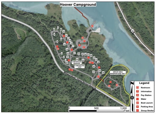 Campground map of Hoover Campground in the Willamette National Forest (NF) in Oregon. Published by the U.S. Forest Service (USFS).