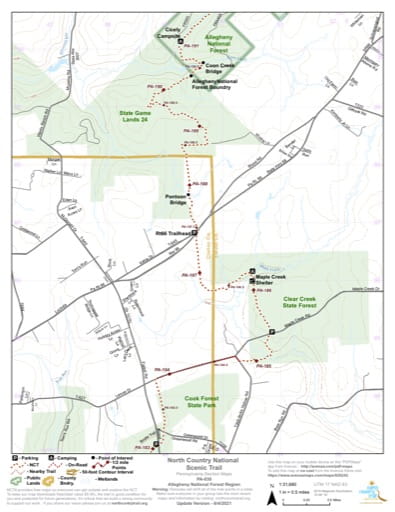 Map Series of the Allegheny National Forest Region of the North Country National Scenic Trail (NST) in Michigan, Minnesota, North Dakota, New York, Ohio, Pennsylvania, Vermont and Wisconsin. Published by the North Country Trail Association (NCTA).