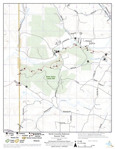 Map Series of the Northwestern Pennsylvania section of the North Country National Scenic Trail (NST) in Michigan, Minnesota, North Dakota, New York, Ohio, Pennsylvania, Vermont and Wisconsin. Published by the North Country Trail Association (NCTA).