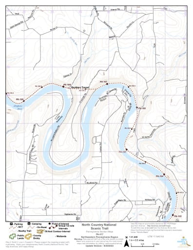 Map Series of the Northwestern Pennsylvania section of the North Country National Scenic Trail (NST) in Michigan, Minnesota, North Dakota, New York, Ohio, Pennsylvania, Vermont and Wisconsin. Published by the North Country Trail Association (NCTA).