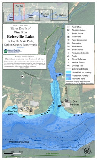 Water Depth Map of the Pine Run area of Beltzville Lake in Beltzville State Park (SP) in Pennsylvania. Published by Pennsylvania State Parks.
