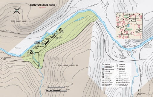 Recreation Map of Bendigo State Park (SP) in Pennsylvania. Published by Pennsylvania State Parks.