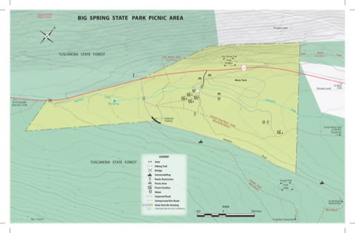 Visitor Map of Big Spring State Park (SP) in Pennsylvania. Published by Pennsylvania State Parks.