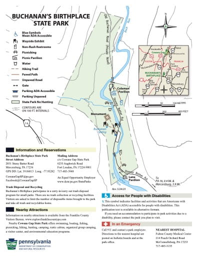 Visitor Map of Buchanan’s Birthplace State Park (SP) in Pennsylvania. Published by Pennsylvania State Parks.