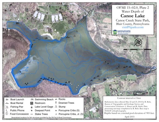 Water Depth Map of Canoe Lake in Canoe Creek State Park (SP) in Pennsylvania. Published by Pennsylvania State Parks.