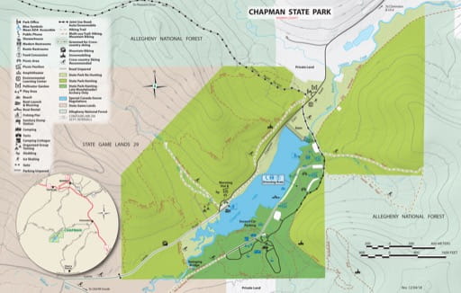 Visitor Map of Chapman State Park (SP) in Pennsylvania. Published by Pennsylvania State Parks.