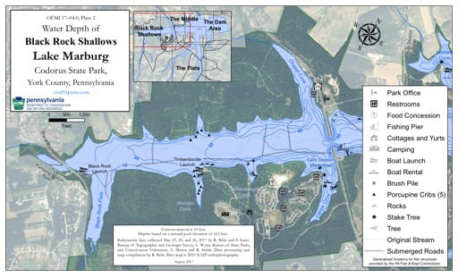 Water Depth Map of the Black Rock Shallows area of Lake Marburg at Codorus State Park (SP) in Pennsylvania. Published by Pennsylvania State Parks.