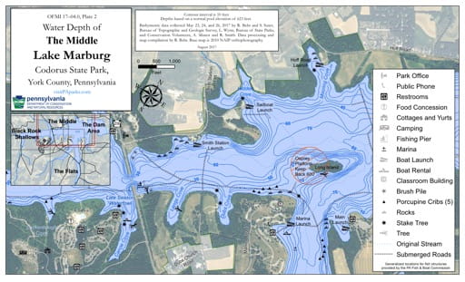 Water Depth Map of the Middle area of Lake Marburg at Codorus State Park (SP) in Pennsylvania. Published by Pennsylvania State Parks.