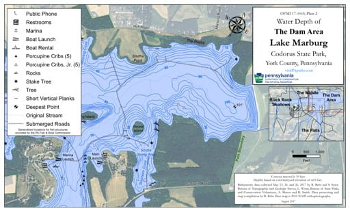Water Depth Map of the Dam area of Lake Marburg at Codorus State Park (SP) in Pennsylvania. Published by Pennsylvania State Parks.