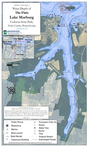 Water Depth Map of the Flats area of Lake Marburg at Codorus State Park (SP) in Pennsylvania. Published by Pennsylvania State Parks.