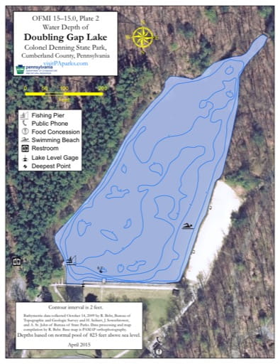 Water Depth Map of Doubling Gap Lake at Colonel Denning State Park (SP) in Pennsylvania. Published by Pennsylvania State Parks.