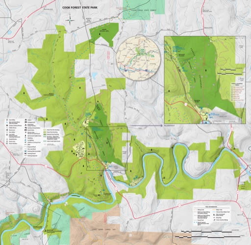 Recreation Map of Cook Forest State Park (SP) in Pennsylvania. Published by Pennsylvania State Parks.