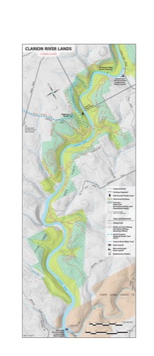 Recreation Map of Clarion River Lands in Cook Forest State Park (SP) in Pennsylvania. Published by Pennsylvania State Parks.