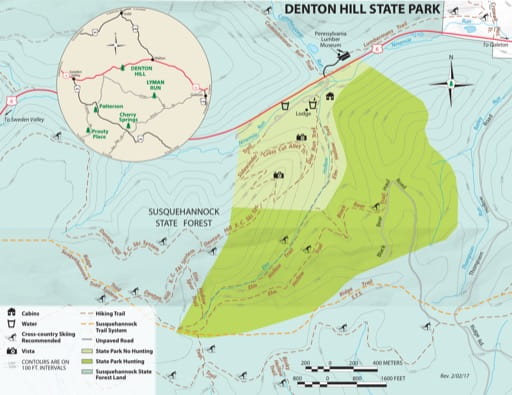 Recreation Map of Denton Hill State Park (SP) in Pennsylvania. Published by Pennsylvania State Parks.