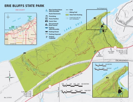 Visitor Map of Erie Bluffs State Park (SP) in Pennsylvania. Published by Pennsylvania State Parks.