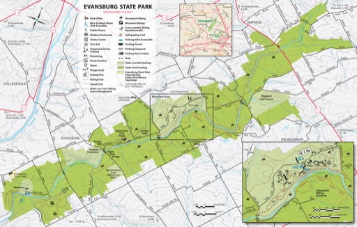Visitor Map of Evansburg State Park (SP) in Pennsylvania. Published by Pennsylvania State Parks.