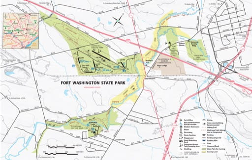 Visitor Map of Fort Washington State Park (SP) in Pennsylvania. Published by Pennsylvania State Parks.