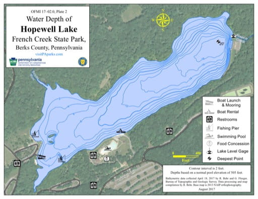 Water Depth Map of Hopewell Lake in French Creek State Park (SP) in Pennsylvania. Published by Pennsylvania State Parks.