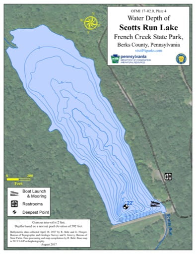 Water Depth Map of Scotts Run Lake in French Creek State Park (SP) in Pennsylvania. Published by Pennsylvania State Parks.