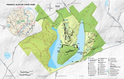 Visitor Map of Frances Slocum State Park (SP) in Pennsylvania. Published by Pennsylvania State Parks.