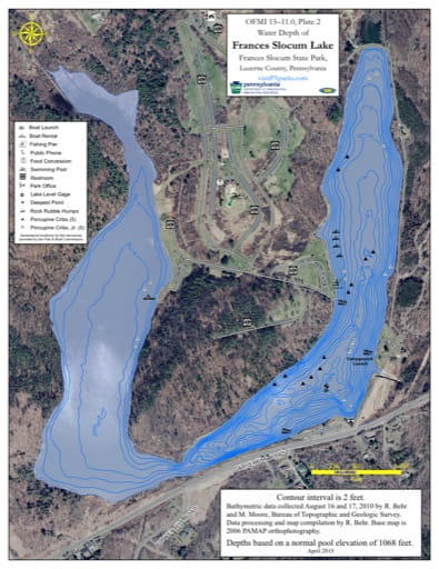 Water Depth Map of Frances Slocum Lake at Frances Slocum State Park in Pennsylvania. Published by Pennsylvania State Parks.