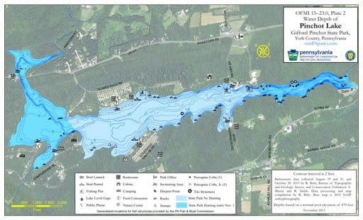 Water Depth Map of Pinchot Lake at Gifford Pinchot State Park in Pennsylvania. Published by Pennsylvania State Parks.