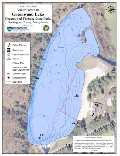 Water Depth Map of Greenwood Lake at Greenwood Furnace State Park in Pennsylvania. Published by Pennsylvania State Parks.