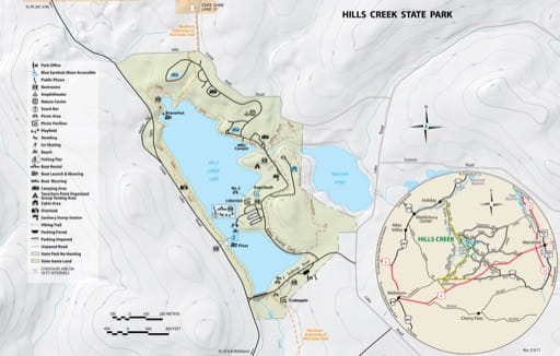 Visitor Map of Hills Creek State Park (SP) in Pennsylvania. Published by Pennsylvania State Parks.