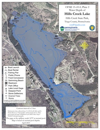 Water Depth Map of Hills Creek Lake at Hills Creek State Park in Pennsylvania. Published by Pennsylvania State Parks.