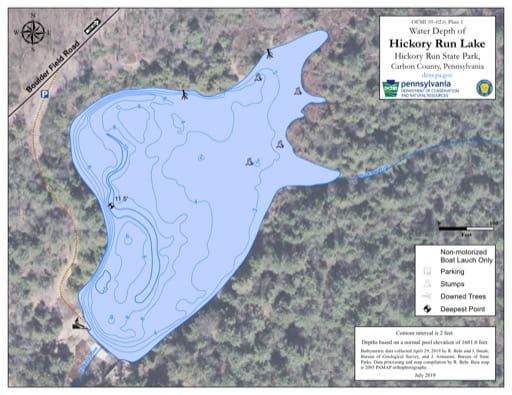 Water Depth Map of Hickory RÄun Lake in Hickory Run State Park (SP) in Pennsylvania. Published by Pennsylvania State Parks.