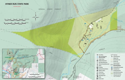 Visitor Map of Hyner Run State Park (SP) in Pennsylvania. Published by Pennsylvania State Parks.