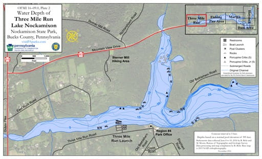 Water Depth Map of the Three Mile Run area of Lake Nockamixon at Nockamixon State Park (SP) in Pennsylvania. Published by Pennsylvania State Parks.