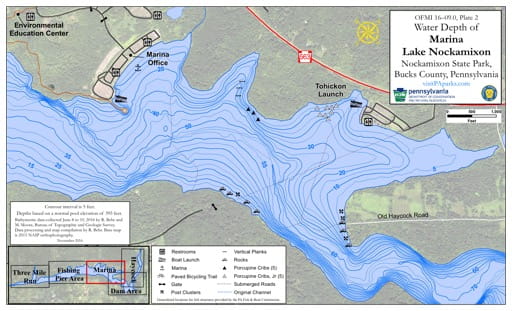 Water Depth Map of the Marina area of Lake Nockamixon at Nockamixon State Park (SP) in Pennsylvania. Published by Pennsylvania State Parks.