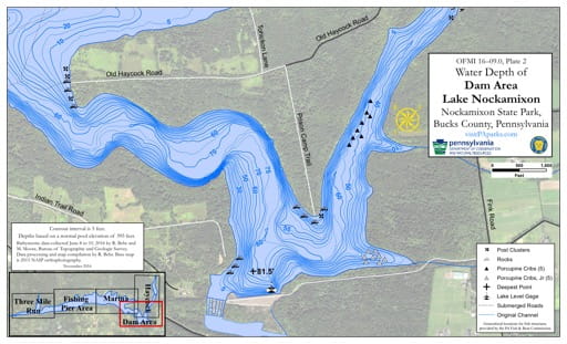 Water Depth Map of the Dam area of Lake Nockamixon at Nockamixon State Park (SP) in Pennsylvania. Published by Pennsylvania State Parks.