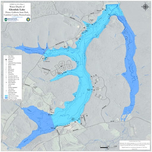 Water Depth Map of Glendale Lake in Prince Gallitzin State Park (SP) in Pennsylvania. Published by Pennsylvania State Parks.