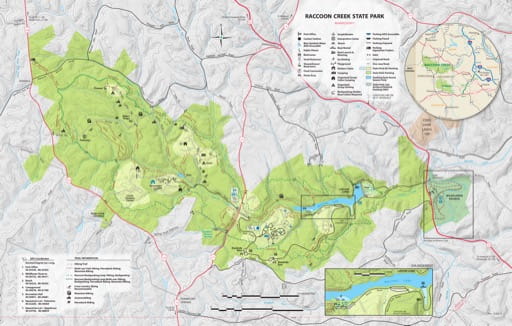 Recreation Map of Raccoon Creek State Park (SP) in Pennsylvania. Published by Pennsylvania State Parks.