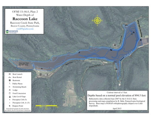 Water Depth Map of Raccon Lake in Raccoon Creek State Park (SP) in Pennsylvania. Published by Pennsylvania State Parks.
