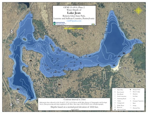 Water Depth Map of Lake Jean at Ricketts Glen State Park (SP) in Pennsylvania. Published by Pennsylvania State Parks.
