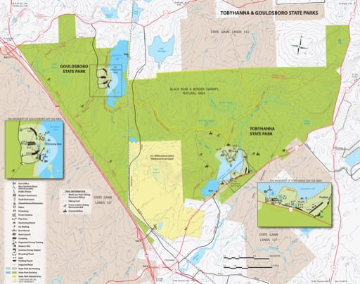 Visitor Map of Tobyhanna and Gouldsboro State Parks (SP) in Pennsylvania. Published by Pennsylvania State Parks.